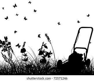 Vector grass silhouettes with grass mower. All objects are separated.