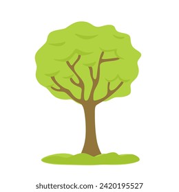 Vector grass and tree in flat style isolated on white background. Spring time tree in colorful cartoon style. Concept of ecology garden. Hand drawn forest nature element. Colored vector illustration