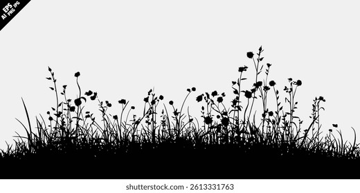 vector grass and wildflower silhouette design in black on white background