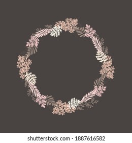 Vector grass wreath for design. Beige and cream color of leaves and herbs on a brown background.