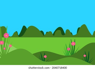 Vector of grassland hill landscape with pink flower and mountains in the background for background 
