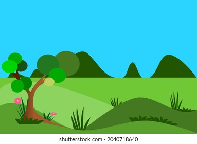 Vector del paisaje montañoso de praderas con árboles y montañas en el fondo para el fondo 