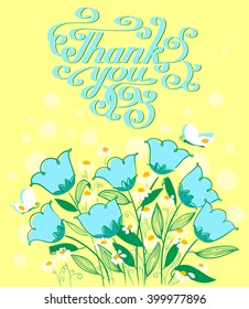 Vector grateful card in doodle style with flowers and cute Thank you lettering