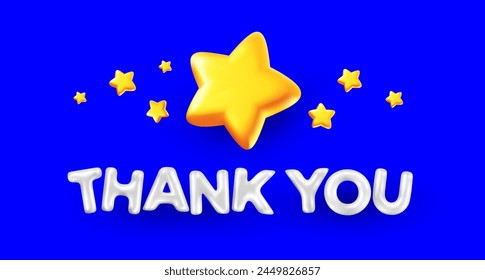 Vector gratitude illustration of cartoon golden color star and word thank you with shadow. 3d style design of shine letter thank you on blue color background for web, site, banner, card