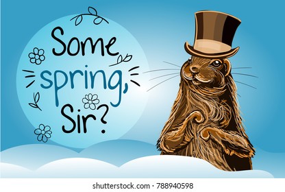 Vector Graundhog Day illustration. Hand drawn groundhog in cylinder hat with lettering.