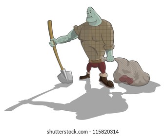 Vector gravedigger with shovel and sack with corpse, Halloween artwork