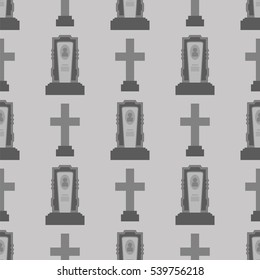 Vector Gravestone Seamless Pattern on Grey Background. Granitic Stone Monuments on Halloween Cemetery. Grave Template.