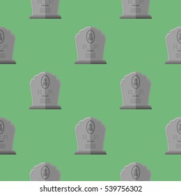 Vector Gravestone Seamless Pattern on Green Background. Grey Stone Monuments on Halloween Cemetery. Grave Template.