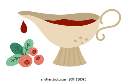 Vector gravy boat with cranberry and sauce. Traditional Thanksgiving food. Festive meal clipart. Holiday illustration