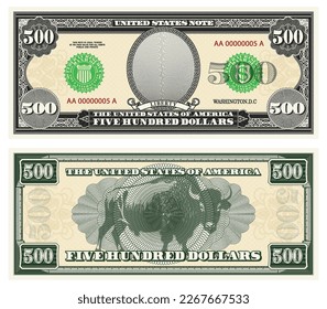 Vector gray banknote obverse and green reverse. Denomination five hundred US dollars. Empty oval, buffalo and guilloche frame. American paper fiction money.