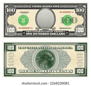 Vector gray banknote obverse and green reverse. Denomination one hundred US dollars. Empty oval, eagle and guilloche frame. American paper fiction money.