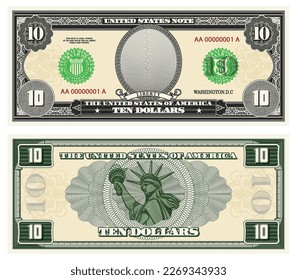 Vector gray banknote obverse and green reverse. Denomination ten US dollars. Empty oval, statue Liberty and guilloche frame. American paper fiction money.