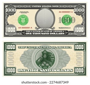 Billete de bóveda gris vectorial y reverso verde. Denominación de mil dólares. Ovalado vacío, marco de reina y guilloche. Dinero americano de ficción.