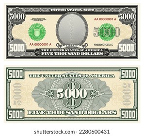 Vector gray banknote obverse and green reverse. Denomination five thousand US dollars. Empty oval and guilloche frame. American paper fiction money.