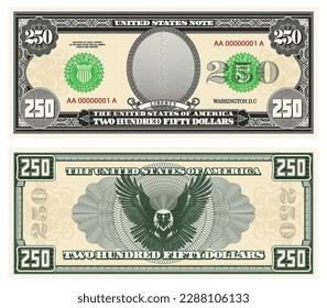 Vector gray banknote obverse and green reverse. Denomination 250 US dollars. Empty oval and guilloche frame. American paper fiction money. Eagle