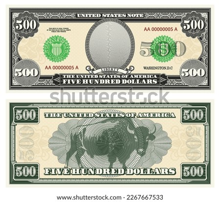 Vector gray banknote obverse and green reverse. Denomination five hundred US dollars. Empty oval, buffalo and guilloche frame. American paper fiction money.
