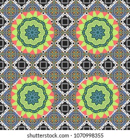 Vector gray, blue and pink ethnic floral seamless pattern. Abstract Mandalas ornamental pattern.