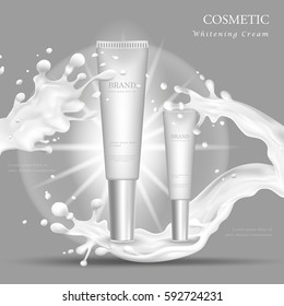 vector gray bottle cream essence mock up on colorful background, with your brand, ready for print ads or magazine design. Transparent and shine, realistic 3d style