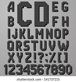 Vector gray brick alphabet, letters and numbers