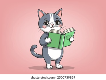 Vector gray cartoon cute friendly smart standing cat reading green book. Educated domestic pet. Puss schoolboy or student.