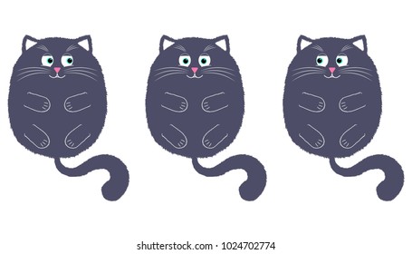 Vector Gray Cat in Cartoon Style. Funny Illustration of Gray Kitten with Turquoise Eyes, Lying on the Back with Paws and Tail. Cute Thick Cat