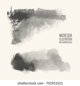 Vector gray color brush strokes. Watercolor monochrome Grunge isolated elements. Smoke brushes for your design. Freehand. Ink splash. Acrylic stamp. Vector illustration
