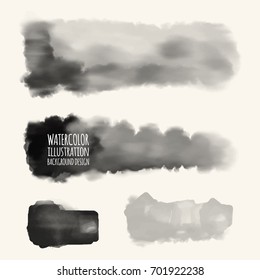Vector gray color brush strokes. Watercolor monochrome Grunge isolated elements. Smoke brushes for your design. Freehand. Ink splash. Acrylic stamp. Vector illustration
