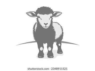 Vector gris lindo monocromo parado crudo hermoso cordero. Mascota. Pegatina o icono. Fondo blanco aislado.