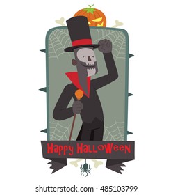 Vector gray emblem with thorns, web, pumpkin, bones, spider, banner and with cartoon image of Baron Samedi in black tail coat, greeting someone on a white background. Inscription "Happy Halloween".