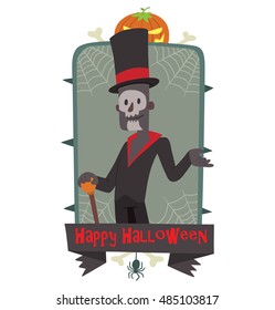Vector gray emblem with thorns, web, pumpkin, bones, spider, banner and with cartoon image of Baron Samedi in black tail coat, standing and smiling on a white background. Inscription "Happy Halloween"