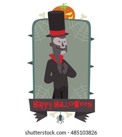 Vector gray emblem with thorns, web, pumpkin, bones, spider, banner, with cartoon image of Baron Samedi in black tail coat, plotting something tricky on white background. Inscription "Happy Halloween"