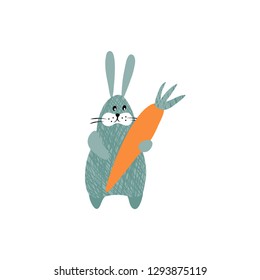 vector gray funny cute illustration of rabbit bunny with carrot for children design textile clothes card