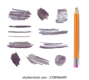 Vector gray graphite pencil stokes set isolated on white background, different shape textrures, design elements collection.