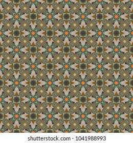 Vector gray, green and brown simple mandala optical illusion, psychedelic trippy abstract seamless pattern texture. Vector illustration.