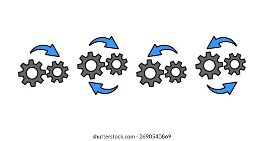 Vector gray icons with two gears and arrows for technical diagrams, business graphics, interfaces, and presentations.