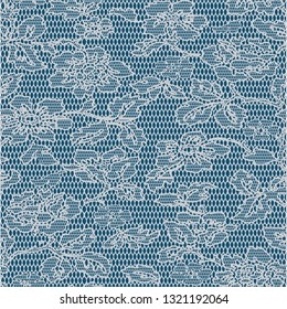 Vector; gray lace seamless pattern with flowers on dark blue  background -