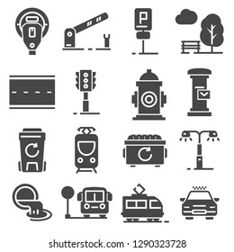 Vector gray line city amenities icons set on white background