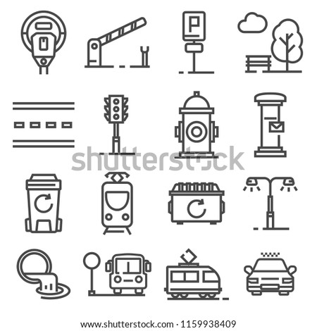 Vector gray line city amenities icons set