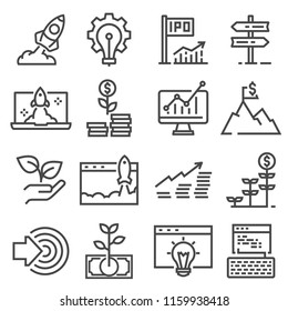 Vector gray linear startup icons set. Startup basic UI elements set