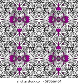 Vector gray mehndi seamless pattern. Ornamental floral elements with henna tattoo, grayen stickers, mehndi and yoga design, cards and prints. Pattern on magenta background.