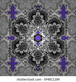 Vector gray mehndi seamless pattern. Ornamental floral elements with henna tattoo, grayen stickers, mehndi and yoga design, cards and prints. Pattern on violet background.