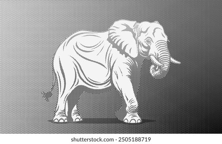 Vector gray monochrome African or Indian wrinkled elephant. Zoo. Large savannah animal with trunk and tusks. Wildlife of Africa. Textured, halftone or offset newspaper printing style. Dots