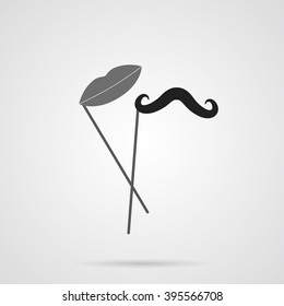 Vector Gray Mustache and Lips on Stick Flat Icon over light gray background. Simple element for your wedding designs, wedding business projects, logo, web and other your projects