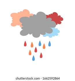 Vector gray, pink and blue clouds with raindrops. Rainy wheather. Sky elements