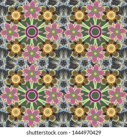 Vector gray, pink and green grid seamless pattern with abstract elements. Orient textile print for bed linen, jacket, package design, printing, fabric or fashion concepts.