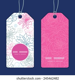 Vector gray and pink lineart florals vertical round frame pattern tags set