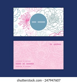 Vector gray and pink lineart florals vertical round frame pattern business cards set
