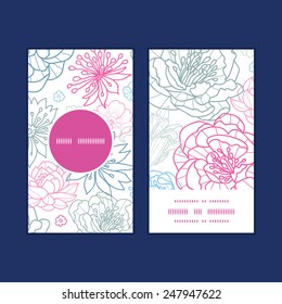 Vector gray and pink lineart florals vertical round frame pattern business cards set