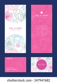 Vector gray and pink lineart florals vertical frame pattern invitation greeting, RSVP and thank you cards set