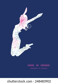Vector gray and pink lineart florals jumping girl silhouette pattern frame